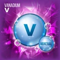 V Vanadium Vector. Mineral Blue Pill Icon. Vitamin Capsule Pill Icon. Substance For Beauty, Cosmetic, Heath Promo Ads