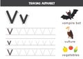 V is for vulture, vampire bat, vegetables. Tracing English alphabet worksheet.