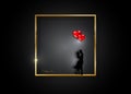 gold frame valentines day concept romantic silhouette of loving couple with glossy red balloons heart shape Royalty Free Stock Photo