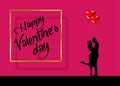 Valentine`s Day, love and relationships. Beautiful couple with balloons in the shape of red hearts in fashion pink color Royalty Free Stock Photo