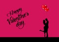 Valentine`s Day, love and relationships. Beautiful couple with balloons in the shape of red hearts, fashion pink color background Royalty Free Stock Photo