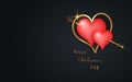 Happy Valentines day vector banner greeting card. Gold and red hearts on black background. Golden holiday poster with text, jewels Royalty Free Stock Photo