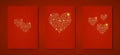 Happy Valentines day vector set greeting card. Gold dots hearts on red background. Holiday poster with text, jewels.