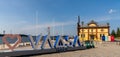 Vaasa harborfront with the old harbormaster building and the Love Vaasa sign Royalty Free Stock Photo