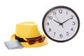 Vacancy concept. Clock, passport and sunglasses