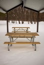 Vacant wooden table and benches in snow Royalty Free Stock Photo