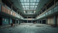 A vacant and dimly lit shopping center with a large open space, empty storefronts, and a polished tile floor Royalty Free Stock Photo