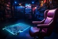 Vacant gaming chair awaits a player in the computer club