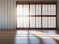 Vacant Japanese-style room with tatami mat flooring and a light-filled wood shoji window. Royalty Free Stock Photo