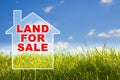 Vacant Land for Sale text in a rural scene over a small home background - Real Estate concept with green wild grass on sky Royalty Free Stock Photo