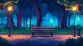 Vacant public park for walking and recreation with green trees, litter bins, and street lamps, a bench in the night park Royalty Free Stock Photo