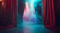 Mysterious stage with red curtains, smoke, and dramatic lighting awaits a performance. ideal for event backgrounds Royalty Free Stock Photo