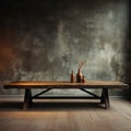 Vacant timber table, rustic warmth aligns with urban concrete wall, visual narrative