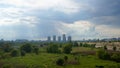 Vacaresti Delta natural park in Bucharest after rain, with city skyline in the background Royalty Free Stock Photo