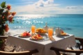 Vacation ambiance luxury breakfast, tropical sea sky, romance and love
