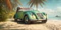 car vacation road retro tropical vintage beach travel trip summer. Generative AI. Royalty Free Stock Photo