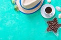 Vacation background with copy space. Coffee, straw hat and sunglasses. Top view, flat lay Royalty Free Stock Photo