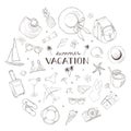 Vacation background. Linear graphic. Romantic summer holidays travel. Vector image with a calligraphic inscription