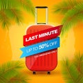 Vacation banner with red travel baggage winded up with ribbon on tropical background with palm leaves. Creative sale banner. Last