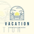 vacation or beach logo line art vector illustration template design. tropical island with hammock on the beach palm tree for Royalty Free Stock Photo