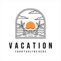 vacation or beach logo line art vector illustration template design. tropical island with hammock on the beach palm tree for Royalty Free Stock Photo