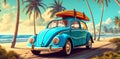 vacation beach summer travel retro vintage car trip road tropical. Generative AI. Royalty Free Stock Photo