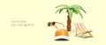 Vacation on beach. Tropical resort. Realistic palm tree, folding chair, sunglasses, cap