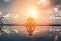 Vacation of Beautiful woman relaxing in yoga lotus pose on the pool above the beach with beautiful sea in Tropical island Royalty Free Stock Photo