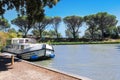 Vacation boat in Canal du Midi, family travel by barge, Southern France Royalty Free Stock Photo