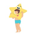 Vacation with Boy Character with Star Rubber Ring Enjoying Seaside Rest Vector Illustration