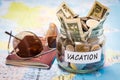 Vacation budget concept with passport and sunglasses