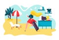 Vacation for business girl on beach flat vector illustration. Businesswoman running from office work to tropical summer Royalty Free Stock Photo