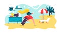 Vacation for business worker on beach flat vector illustration. Businesswoman running from office work to tropical Royalty Free Stock Photo