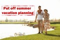 Vacation cancellation. Young couple with picnic basket near lake on sunny day Royalty Free Stock Photo