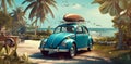 vacation car summer retro road trip tropical beach vintage travel. Generative AI.