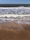 Vacation concept. Minimalist seascape with clear blue sky and sandy beach with foamy waves