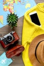 Vacation concept with traveller outfit on wooden background top view Royalty Free Stock Photo