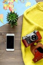 Vacation concept with traveller outfit on wooden background top view Royalty Free Stock Photo