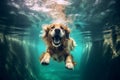 vacation dog snorkeling swimming underwater pool funny puppy fun water. Generative AI. Royalty Free Stock Photo