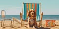 pet dog sunglasses beach lazy vacation chair relax funny summer. Generative AI. Royalty Free Stock Photo