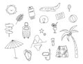 Vacation doodles set. Travel hand drawn elements black and white isolated. Vector illustration with cute scribble summer