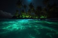 ocean tropical night blue luminous beach tree vacation palm sky paradise. Generative AI.