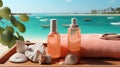 Vacation essentials product showcase. background with space for text. Travel concept. Generative AI Royalty Free Stock Photo