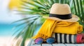 Vacation Essentials, Straw Hat, Blankets and Sunglasses, Palm Trees and Sunshine, Generative AI Royalty Free Stock Photo