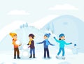 Vacation family winter activity. Group people kids skate and sculpt a snowman on outdoors. Kids having fun enjoy rest
