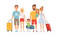 Vacation with friends. Families with children, tourists with luggage and bags. Isolated characters go on vacation vector