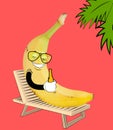 Funny cute yellow banana, like hipster, dude at summer vacation isolated over coral background. Drawn fruit in a cartoon Royalty Free Stock Photo