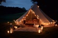 vacation glamping travel nature canvas light camping forest tent luxury. Generative AI.