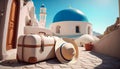 Vacation in Greece, Santorini. Illustration of luggage, suitcases standing against the background of white buildings.