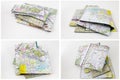 Road map pile folded highway trip travel America maps Royalty Free Stock Photo